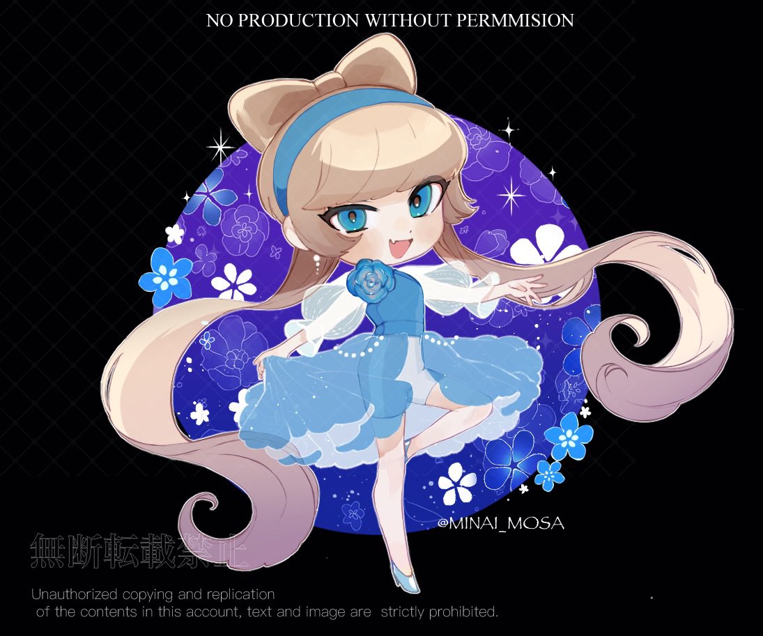 1girl artist_name black_background blue_dress blue_eyes blue_flower blue_footwear bow-shaped_hair brown_hair commentary_request deformed dress english_text fang flower full_body hands_up light_brown_hair long_sleeves looking_at_viewer minai_mosa open_mouth original puffy_long_sleeves puffy_sleeves see-through see-through_dress see-through_sleeves shoes skin_fang solo standing standing_on_one_leg twitter_username two_side_up