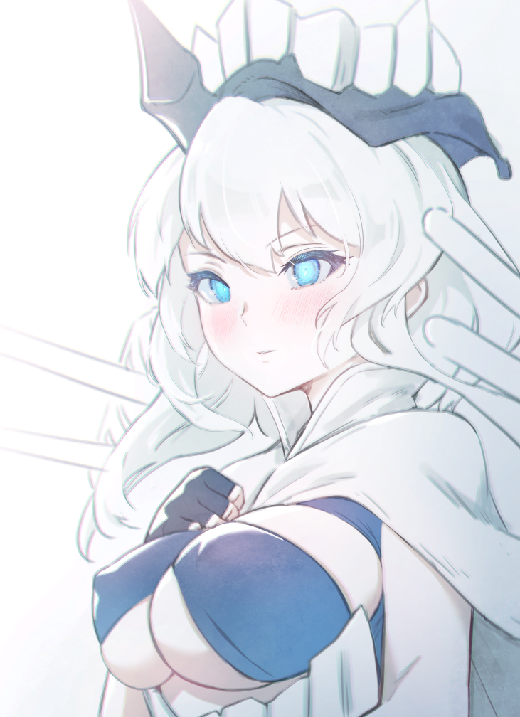 1girl abyssal_ship black_gloves blue_eyes blush breasts capelet cleavage clenched_hand covered_nipples european_princess fingerless_gloves gloves grey_background hat kantai_collection large_breasts long_hair looking_at_viewer pale_skin simple_background solo tomamatto upper_body white_background white_capelet white_hair
