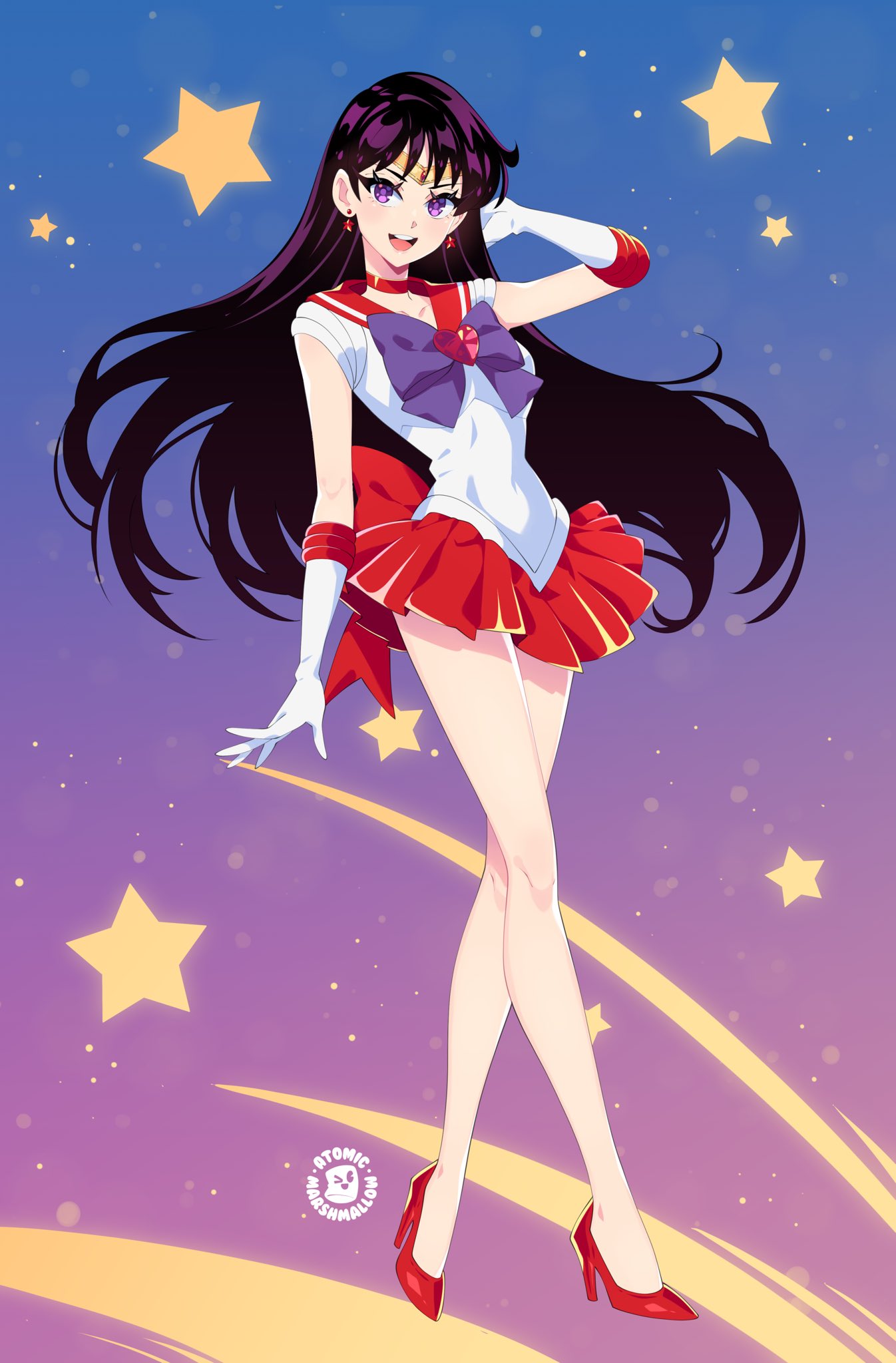 1girl atomicmrshmallw back_bow bishoujo_senshi_sailor_moon black_hair bow bowtie choker circlet earrings elbow_gloves gloves high_heels highres jewelry long_hair looking_at_viewer magical_girl open_mouth purple_bow purple_bowtie purple_eyes red_footwear red_sailor_collar red_skirt sailor_collar sailor_mars sailor_senshi_uniform skirt smile solo white_gloves