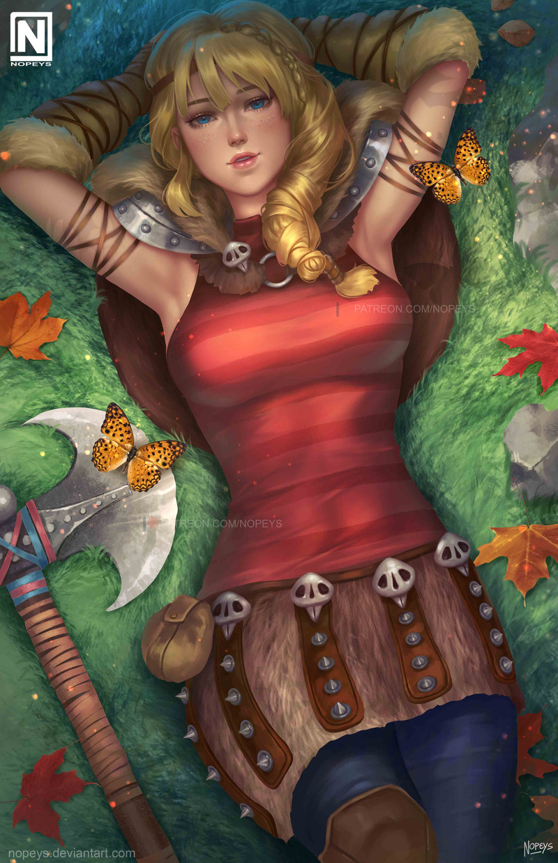 1girl armpits arms_behind_head artist_logo astrid_hofferson axe blonde_hair blue_eyes blue_pants breasts bug butterfly deviantart_username grass highres how_to_train_your_dragon leaf leather_skirt looking_at_viewer lying medium_breasts nopeys on_back on_grass orange_butterfly pants ponytail red_shirt rock shirt signature sleeveless sleeveless_shirt solo watermark web_address