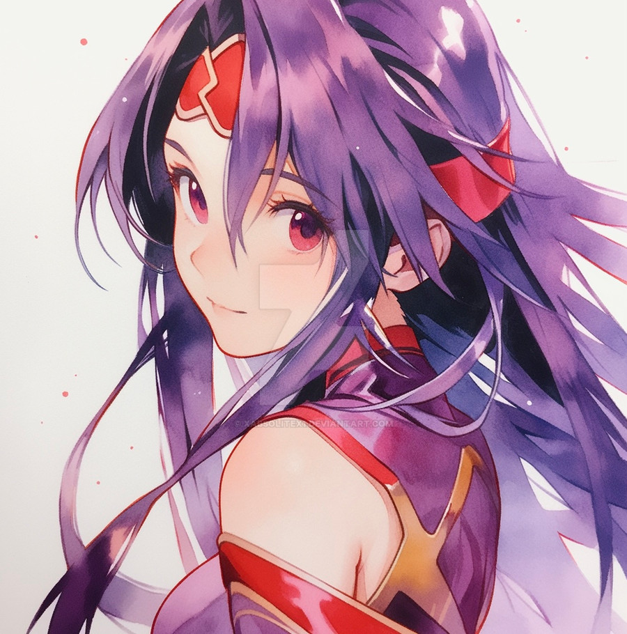 1girl bare_shoulders commentary english_commentary hair_ornament headband long_hair looking_at_viewer painting_(medium) purple_hair red_eyes simple_background solo sword_art_online traditional_media watercolor_(medium) white_background xabsolitex1 yuuki_(sao)