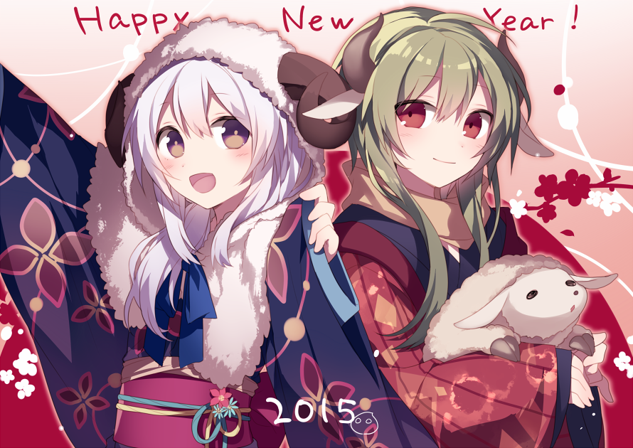 2boys :d androgynous animal_ears borrowed_character brown_eyes floral_print gradient gradient_background green_hair happy_new_year hijiri_(resetter) horns japanese_clothes kemonomimi_mode kimono libertas_(nyori) long_hair long_sleeves looking_at_viewer multiple_boys new_year obi open_mouth original otoko_no_ko pink_background red_eyes revision sash sheep sheep_ears sheep_girl sheep_horns silver_hair smile trance_(hijiri) wide_sleeves