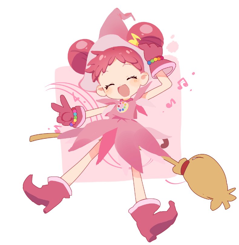 1girl :d ^_^ arm_up asa_yuki523 blush boots broom closed_eyes commentary_request double_bun dress full_body gloves hair_bun hair_ornament hand_on_headwear harukaze_doremi hat magical_girl musical_note musical_note_hair_ornament ojamajo_doremi open_mouth pink_dress pink_footwear pink_gloves pink_hat pointy_footwear red_hair short_bangs short_hair smile solo standing v witch_hat