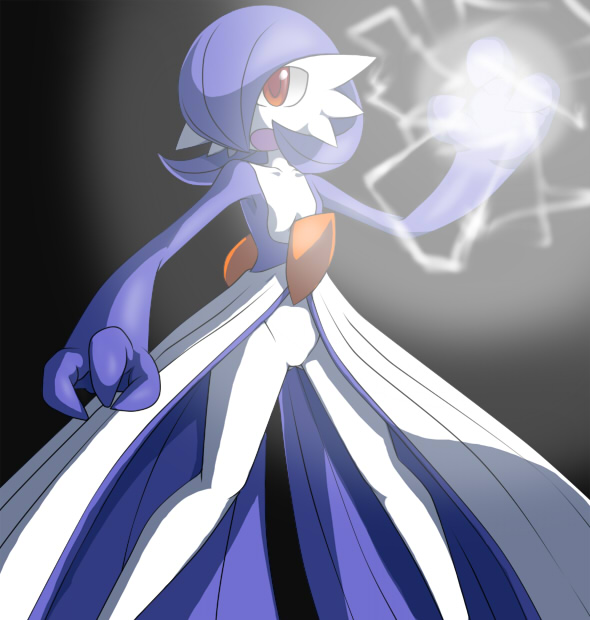 alternate_color black_background blue_hair bob_cut colored_skin dress electricity gardevoir glowing hair_over_one_eye multicolored_skin nollety open_mouth pokemon pokemon_(creature) red_eyes shiny_pokemon simple_background two-tone_skin white_dress white_skin