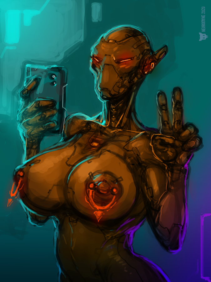 1girl android artist_logo artist_name blue_light breasts breasts_out cyberpunk dated english_commentary glowing glowing_eyes holding holding_phone hologram holographic_piercing humanoid_robot joints large_breasts mechanical_parts neurodyne nipple_piercing nipples no_mouth no_nose orange_light original phone piercing purple_light red_light robot robot_girl robot_joints science_fiction selfie solo v