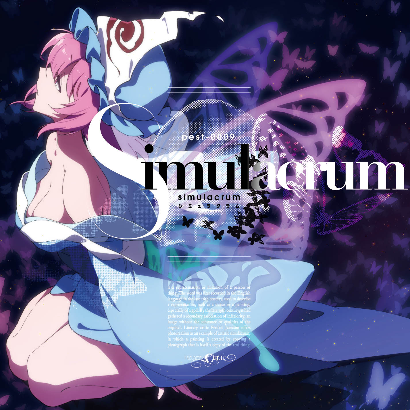 1girl album_cover artist_request bare_shoulders blue_hat blue_kimono breasts cleavage cover frilled_hat frills hat highres japanese_clothes kimono mob_cap pink_eyes pink_hair pizuya's_cell saigyouji_yuyuko second-party_source short_hair solo touhou triangular_headpiece wide_sleeves