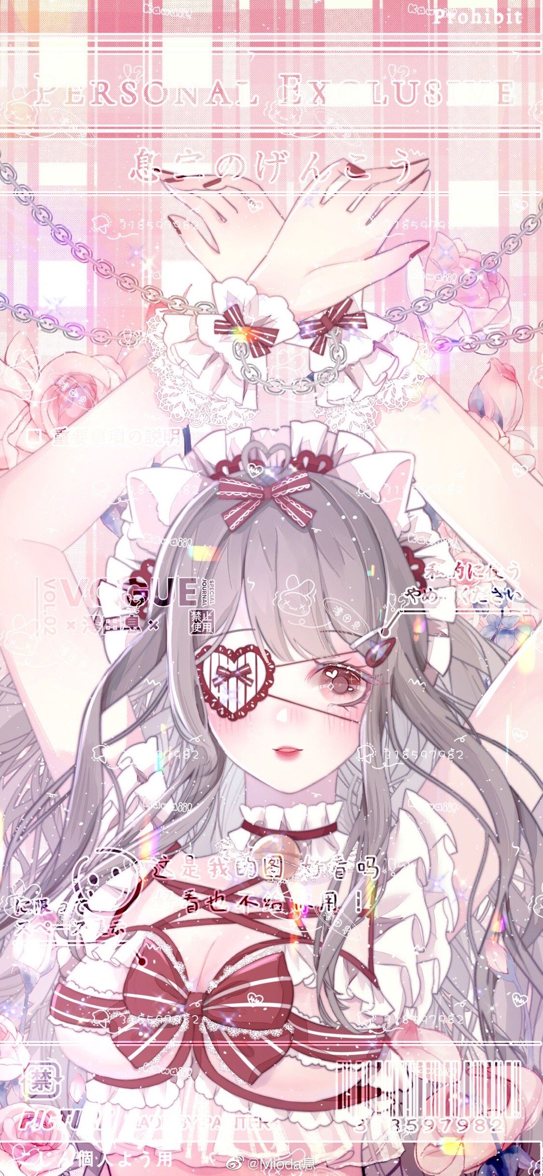 1girl animal_ears arms_up barcode bare_arms bare_shoulders bcy_username bell bound bound_wrists bow bowtie brown_hair bud cat_ears chain chinese_commentary choker commentary_request eyelashes eyepatch floral_background flower frilled_bowtie frilled_choker frilled_wrist_cuffs frills hair_bow hair_ornament hairclip heart heart_eyepatch heart_in_eye highres lace-trimmed_bow lace_trim light_blush light_smile lipstick long_hair looking_at_viewer makeup mioda_xi nail_polish neck_bell original parted_lips pink_flower pink_rose plaid plaid_background red_background red_bow red_bowtie red_choker red_eyes red_lips red_nails rose shibari simple_background single_sidelock solo striped_bow striped_bowtie striped_clothes symbol_in_eye teeth upper_body upper_teeth_only wavy_hair weibo_logo weibo_username white_headdress white_wrist_cuffs wrist_bow wrist_cuffs