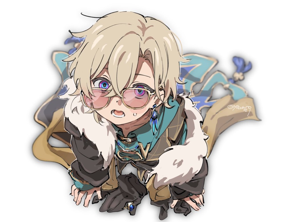 1boy aged_down aqua_shirt aventurine_(honkai:_star_rail) black_jacket blonde_hair collared_shirt earrings fur_trim glasses hair_between_eyes honkai:_star_rail honkai_(series) jacket jewelry looking_at_viewer lower_teeth_only male_focus open_mouth shirt short_hair simple_background solo teeth white_background yzwn89