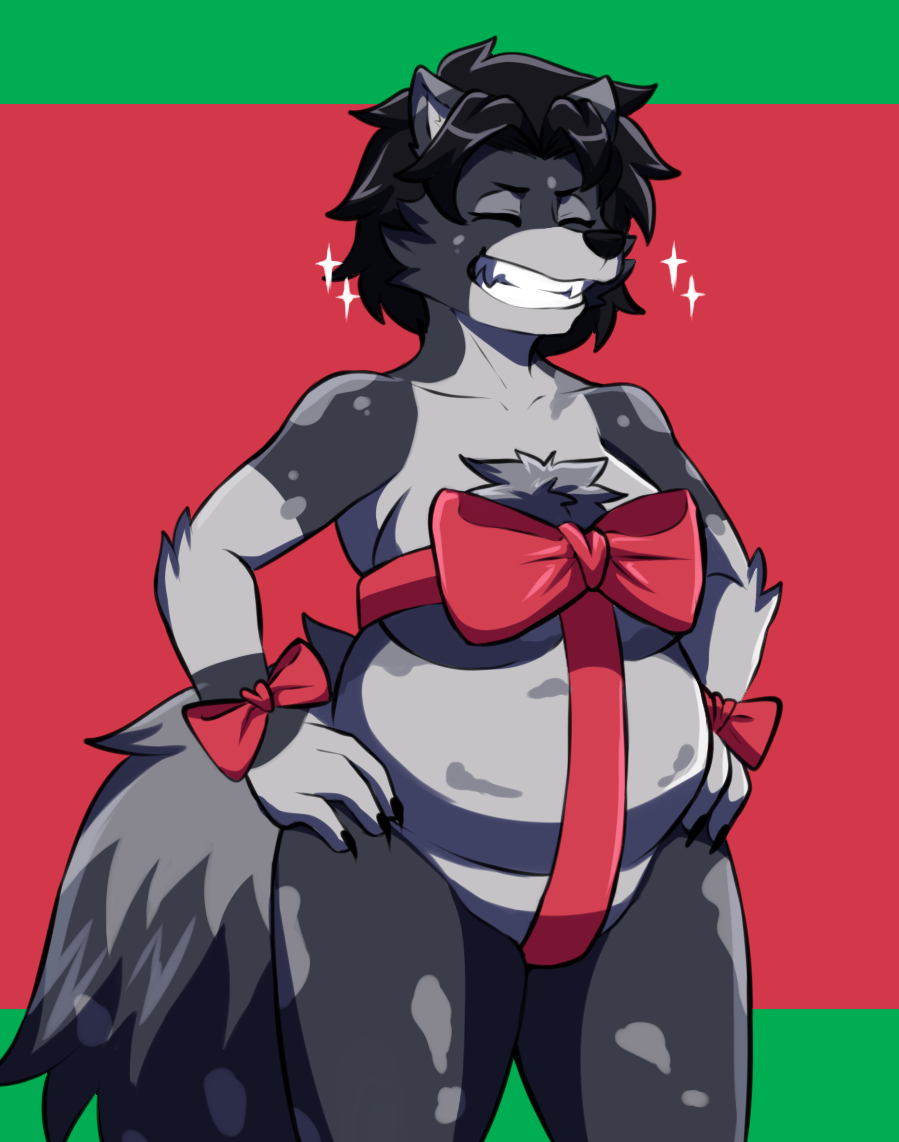 anthro belly black_hair breasts canid canine canis chest_tuft christmas christmas_clothing clothing eyes_closed female festive fluffy fluffy_tail fur grey_body grey_fur hair hands_on_hips holidays intersex_(lore) lilithdog mammal ribbed_clothing ribbons slightly_chubby slightly_chubby_female smile solo spots standing tail thick_thighs toothy_grin tuft white_belly wolf zairuz
