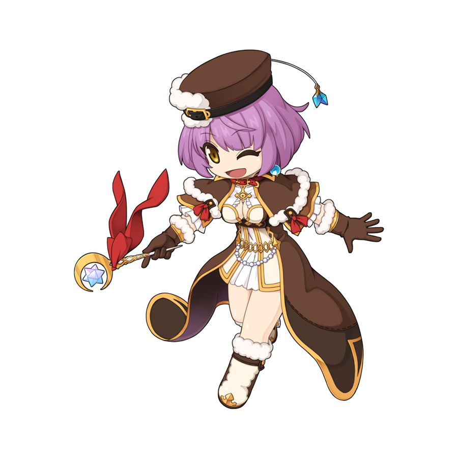 1girl arch_mage_(ragnarok_online) belt black_belt boots breasts brown_capelet brown_dress brown_footwear brown_hat capelet chibi cleavage crescent dress frilled_sleeves frills full_body fur-trimmed_boots fur-trimmed_capelet fur-trimmed_gloves fur_trim gem gloves gold_trim hat_belt holding holding_wand layered_dress looking_at_viewer medium_bangs medium_breasts official_art one_eye_closed open_mouth pearl_(gemstone) puffy_short_sleeves puffy_sleeves purple_hair ragnarok_online short_hair short_sleeves simple_background smile solo stellated_octahedron tachi-e transparent_background two-tone_footwear walking wand white_dress white_footwear yellow_eyes yuichirou