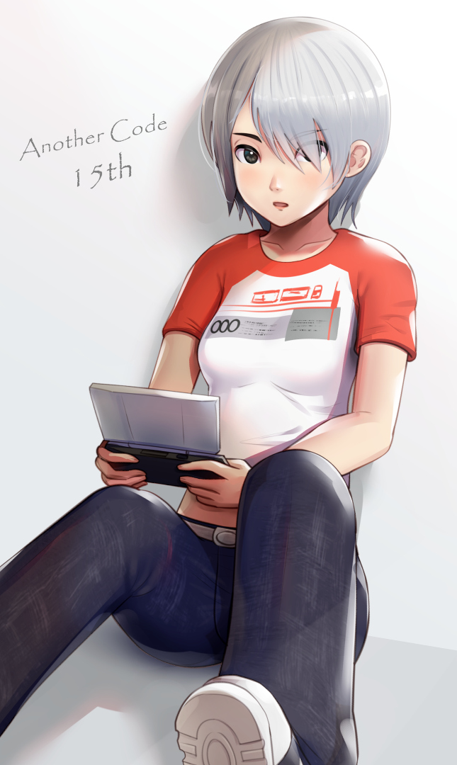 1girl anniversary another_code another_code_recollection ashley_mizuki_robbins belt blush denim duplicate gonzarez grey_eyes handheld_game_console holding jeans looking_at_viewer nintendo nintendo_ds open_mouth pants pixel-perfect_duplicate shirt shoes short_hair simple_background sitting white_hair