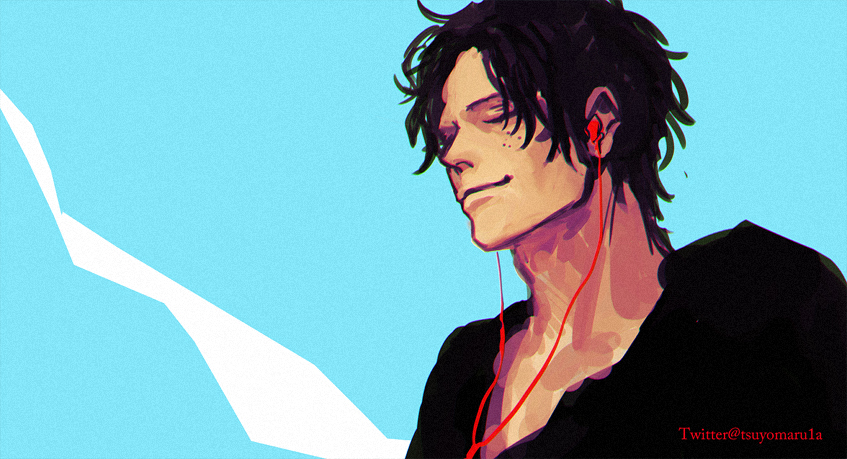 1boy black_hair black_shirt blue_background closed_eyes closed_mouth commentary_request earphones freckles from_below from_side in-ear_earphones light_smile male_focus one_piece portgas_d._ace shirt short_hair simple_background solo tsuyomaru twitter_username upper_body