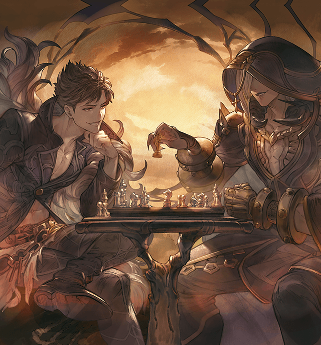 2boys armor beelzebub_(granblue_fantasy) belial_(granblue_fantasy) belt bishounen blonde_hair board_game boots braid brown_hair chess chess_piece cross crossed_legs dark-skinned_male dark_skin dusk feather_boa game_cg gauntlets gloves granblue_fantasy grin hood hood_up jewelry latin_cross lipstick makeup midriff minaba_hideo multiple_boys no_eyes official_art parted_bangs parted_lips partially_unbuttoned pectorals playing_chess red_eyes shaded_face smile spiked_hair third-party_source