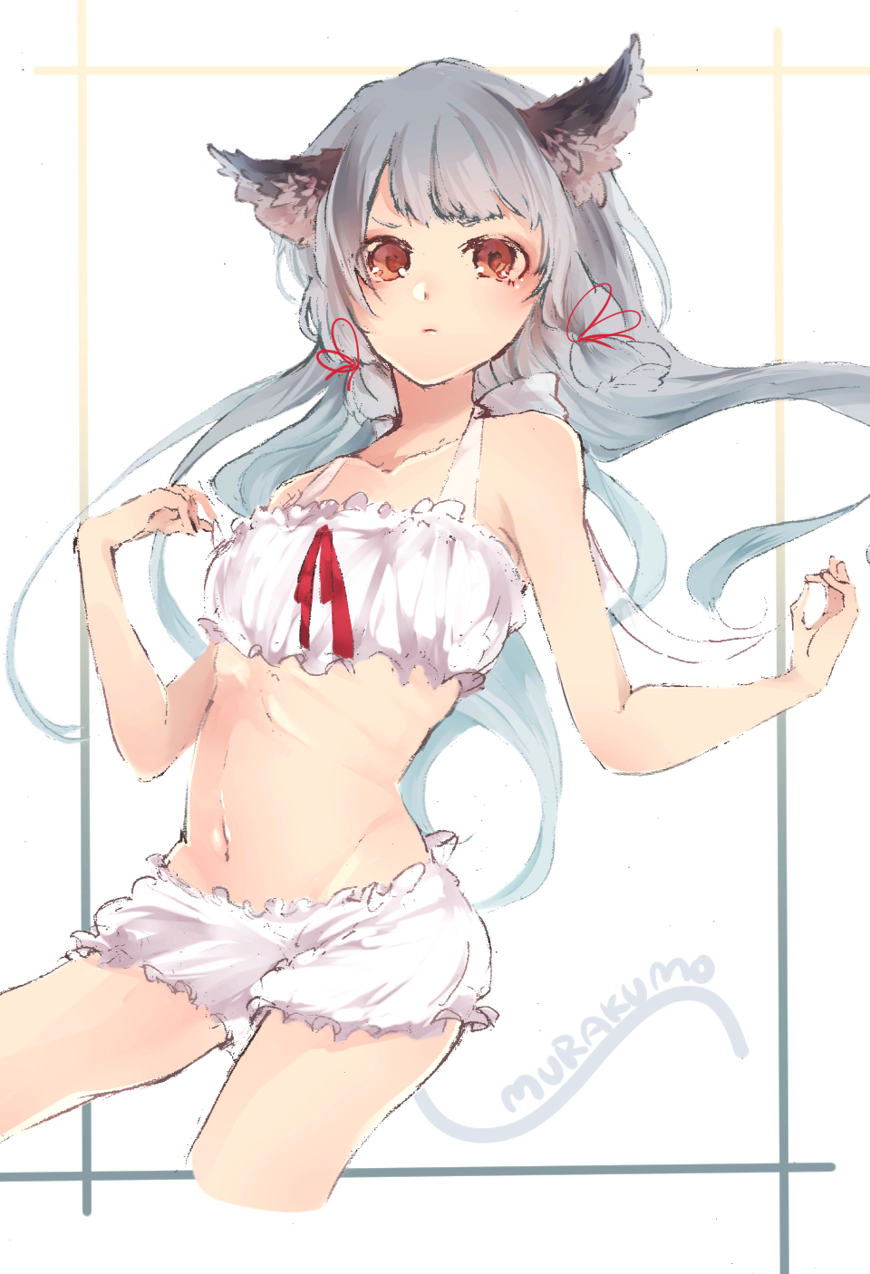 animal_ears bloomers bra cat_ears cat_tail character_name cinderella_bust collarbone hair_ribbon highres kantai_collection kemonomimi_mode long_hair miwano_ragu murakumo_(kantai_collection) navel orange_eyes red_ribbon ribbon silver_hair solo tail underwear underwear_only white_bloomers