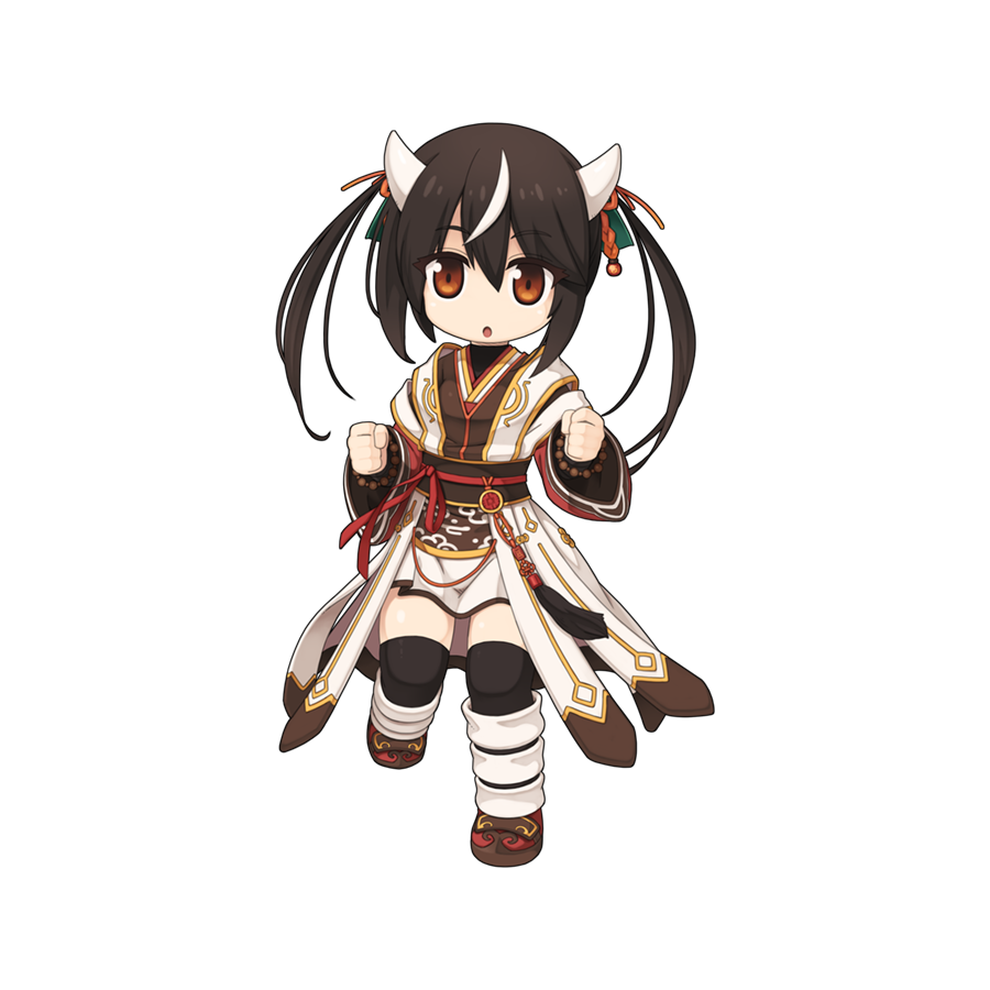 1girl :o arm_wrap bead_bracelet beads black_hair black_thighhighs bracelet breasts brown_eyes brown_footwear brown_shirt chibi clenched_hands coat expressionless foot_up full_body horns jewelry long_hair long_sleeves looking_at_viewer multicolored_hair official_art open_clothes open_coat open_mouth ragnarok_online shin_guards shirt simple_background skirt sky_emperor_(ragnarok_online) small_breasts solo standing streaked_hair tachi-e tassel thighhighs transparent_background twintails white_coat white_hair white_horns white_skirt yuichirou