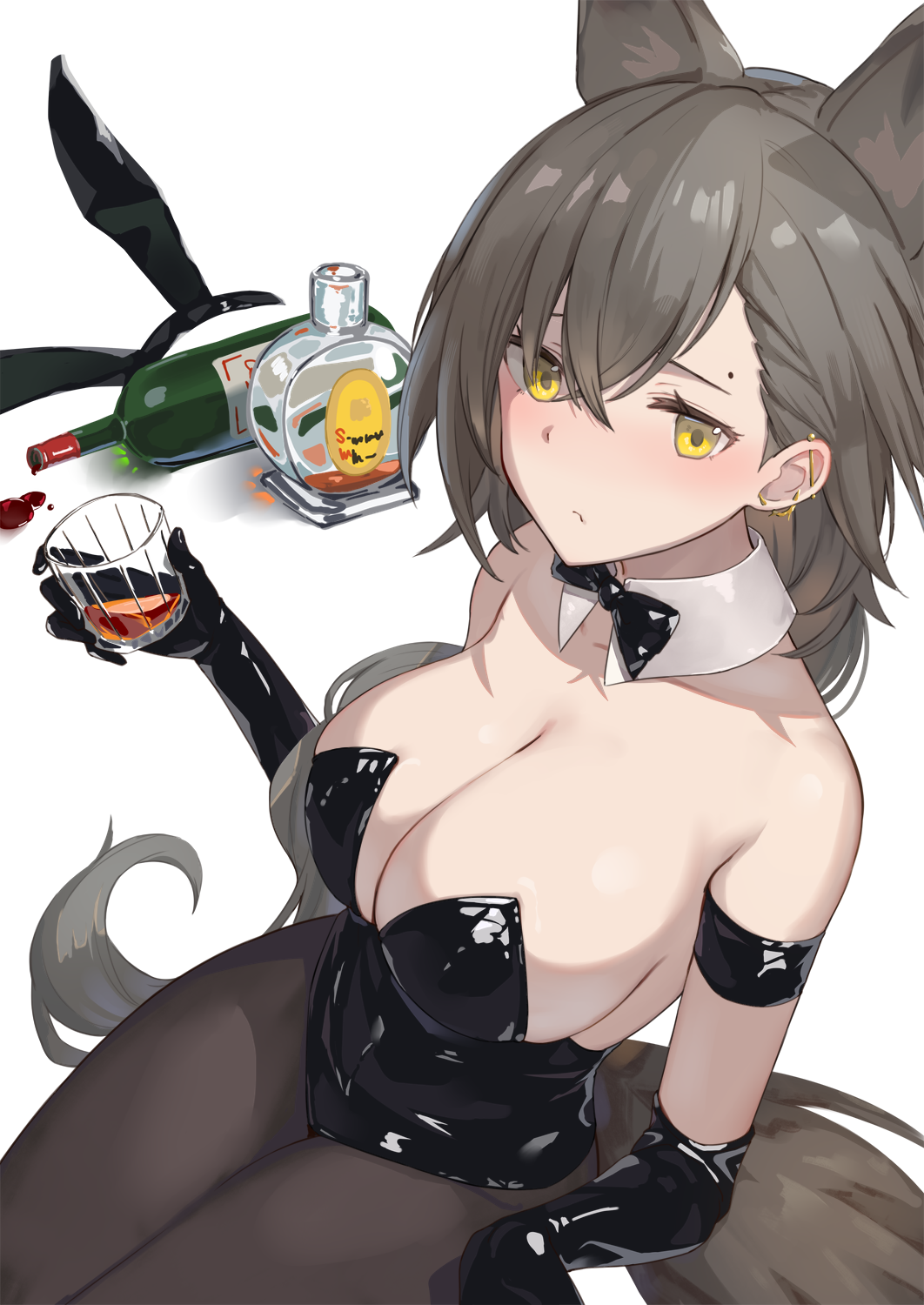 1girl alcohol alternate_costume animal_ears arknights armband black_armband black_bow black_bowtie black_gloves black_leotard black_pantyhose bottle bow bowtie breasts cleavage closed_mouth commentary_request crossed_bangs cup detached_collar drinking_glass ear_bar ear_piercing elbow_gloves extra_ears fake_animal_ears gloves highres holding holding_cup kozeni_isari large_breasts latex latex_gloves latex_leotard leotard looking_at_viewer mole_above_eye pantyhose penance_(arknights) piercing playboy_bunny rabbit_ears simple_background solo strapless strapless_leotard tail unworn_headwear white_background wine_bottle wolf_ears wolf_girl wolf_tail yellow_eyes