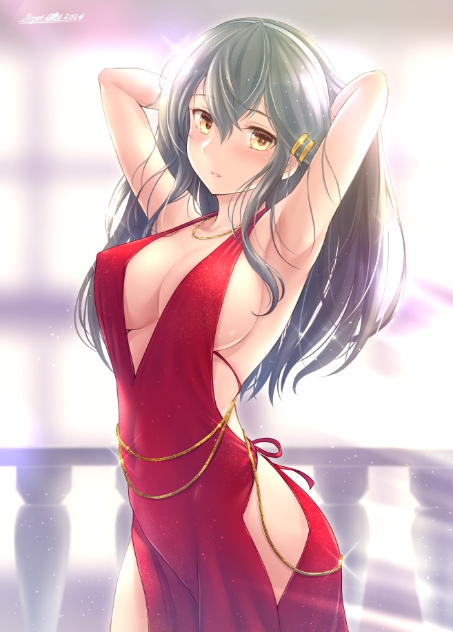 1girl armpits arms_behind_head black_hair blush breasts cowboy_shot day dress hair_between_eyes hair_ornament hairband hairclip hands_in_hair haruna_(kancolle) jewelry kantai_collection large_breasts long_hair looking_at_viewer necklace open_mouth outdoors red_dress ryu-akt sideboob signature sleeveless sleeveless_dress solo white_hairband yellow_eyes
