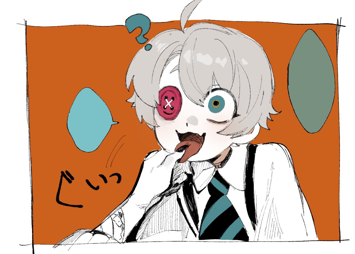 1boy ? ahoge black_nails blank_speech_bubble blue_eyes blue_necktie button_eyes collared_shirt commentary_request disembodied_limb fang fingernails grey_hair hand_in_another's_mouth hand_up long_sleeves looking_at_viewer maddy_(minai_mosa) male_focus minai_mosa necktie open_mouth orange_background original sharp_fingernails shirt short_hair simple_background skin_fang solo_focus speech_bubble striped_necktie suspenders tongue tongue_out white_shirt
