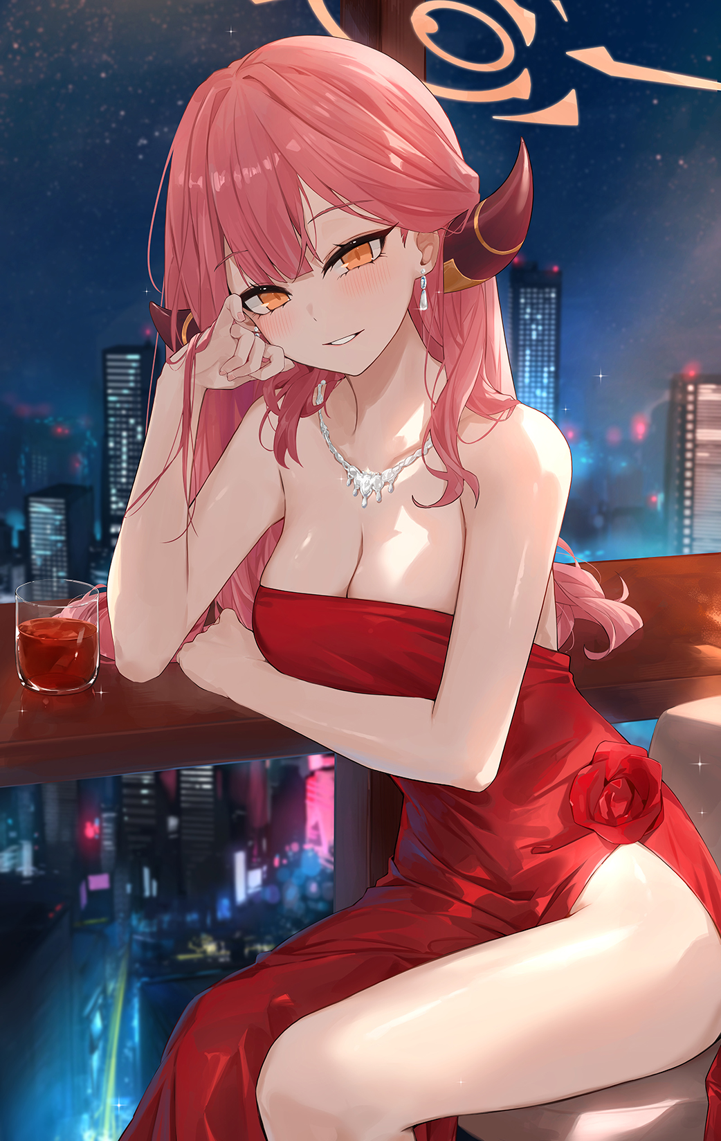 1girl aru_(blue_archive) aru_(dress)_(blue_archive) blue_archive breasts brown_horns cleavage cup dema_hmw demon_horns dress drink feet_out_of_frame halo highres horns jewelry large_breasts long_hair looking_at_viewer necklace official_alternate_costume open_mouth pink_hair pink_halo red_dress sitting smile solo strapless strapless_dress thighs yellow_eyes