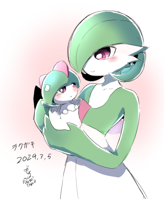 1girl 1other artist_name baby blunt_bangs blush blush_stickers bob_cut bowl_cut carrying closed_mouth collarbone colored_skin commentary_request dated eggshell eye_contact flat_chest gardevoir green_hair green_skin hair_over_one_eye hands_up happy looking_at_another mochisaka_mitsuki multicolored_skin one_eye_covered pokemon pokemon_(creature) ralts red_background red_eyes short_hair signature simple_background smile standing translated two-tone_skin upper_body white_skin