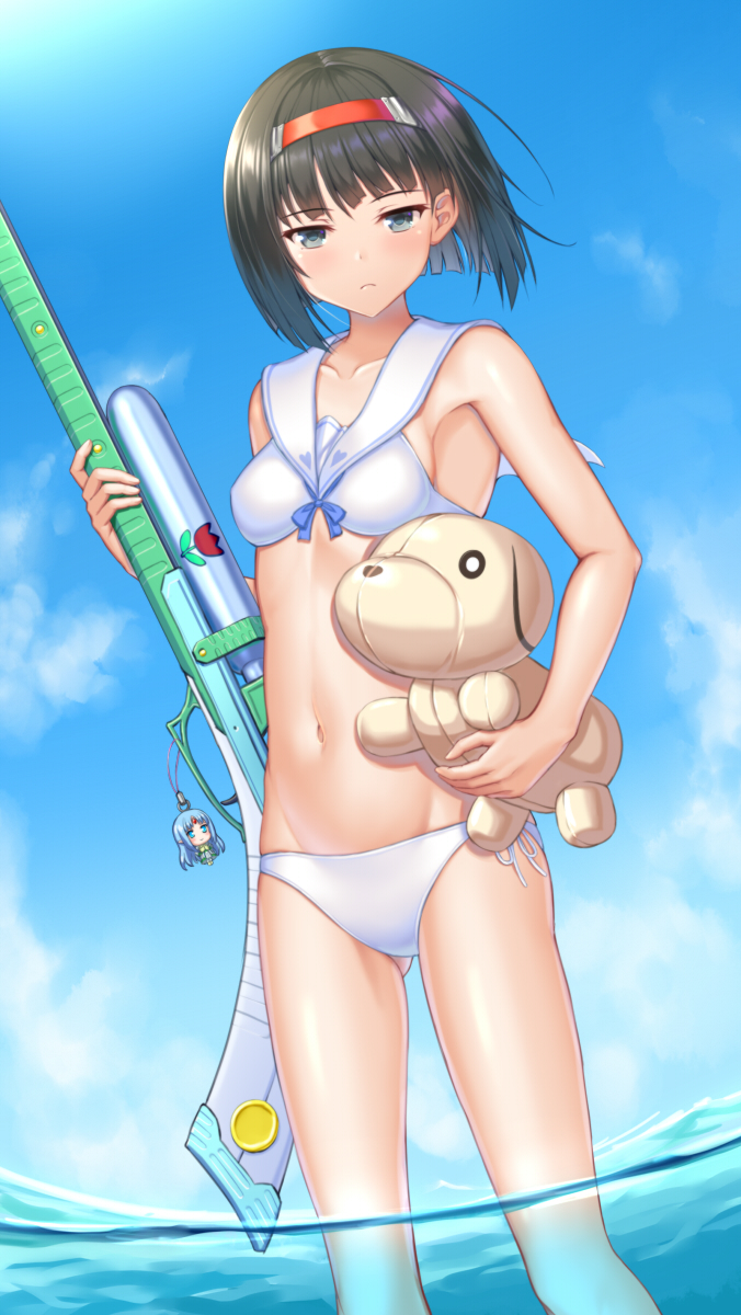 1girl bikini black_hair breasts character_doll day frown hairband highres holding holding_stuffed_toy holding_water_gun midriff outdoors rance_(series) red_hairband reset_kalar small_breasts solo stuffed_animal stuffed_dog stuffed_toy swimsuit tsuboyarou wading water water_gun white_bikini yuzuhara_yuzumi