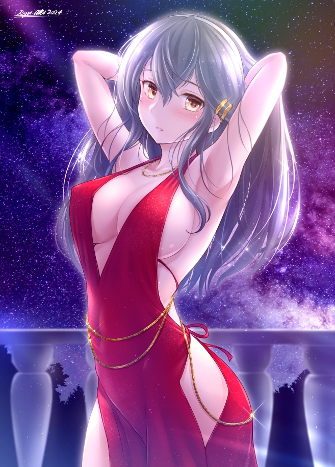 1girl armpits arms_behind_head black_hair blush breasts cowboy_shot dress hair_between_eyes hair_ornament hairband hairclip hands_in_hair haruna_(kancolle) jewelry kantai_collection large_breasts long_hair looking_at_viewer necklace night open_mouth outdoors red_dress ryu-akt sideboob signature sleeveless sleeveless_dress solo white_hairband yellow_eyes
