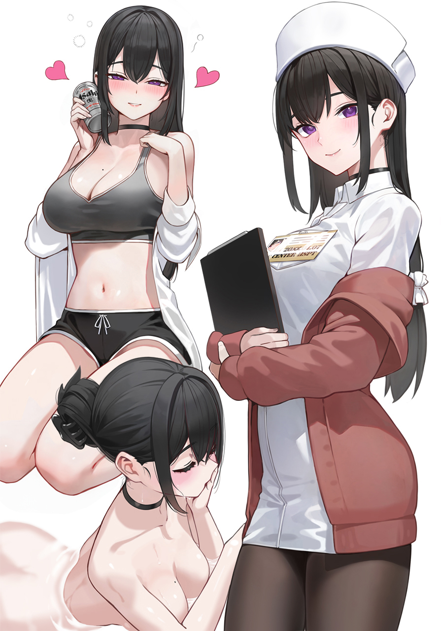 1girl alcohol beer black_choker black_hair black_pantyhose black_shorts blush breasts choker cleavage closed_mouth commentary_request grey_sports_bra hair_bun heart highres holding kfr large_breasts long_hair long_sleeves looking_at_viewer mole mole_on_breast multiple_views original pantyhose parted_lips purple_eyes short_shorts shorts smile sports_bra white_background