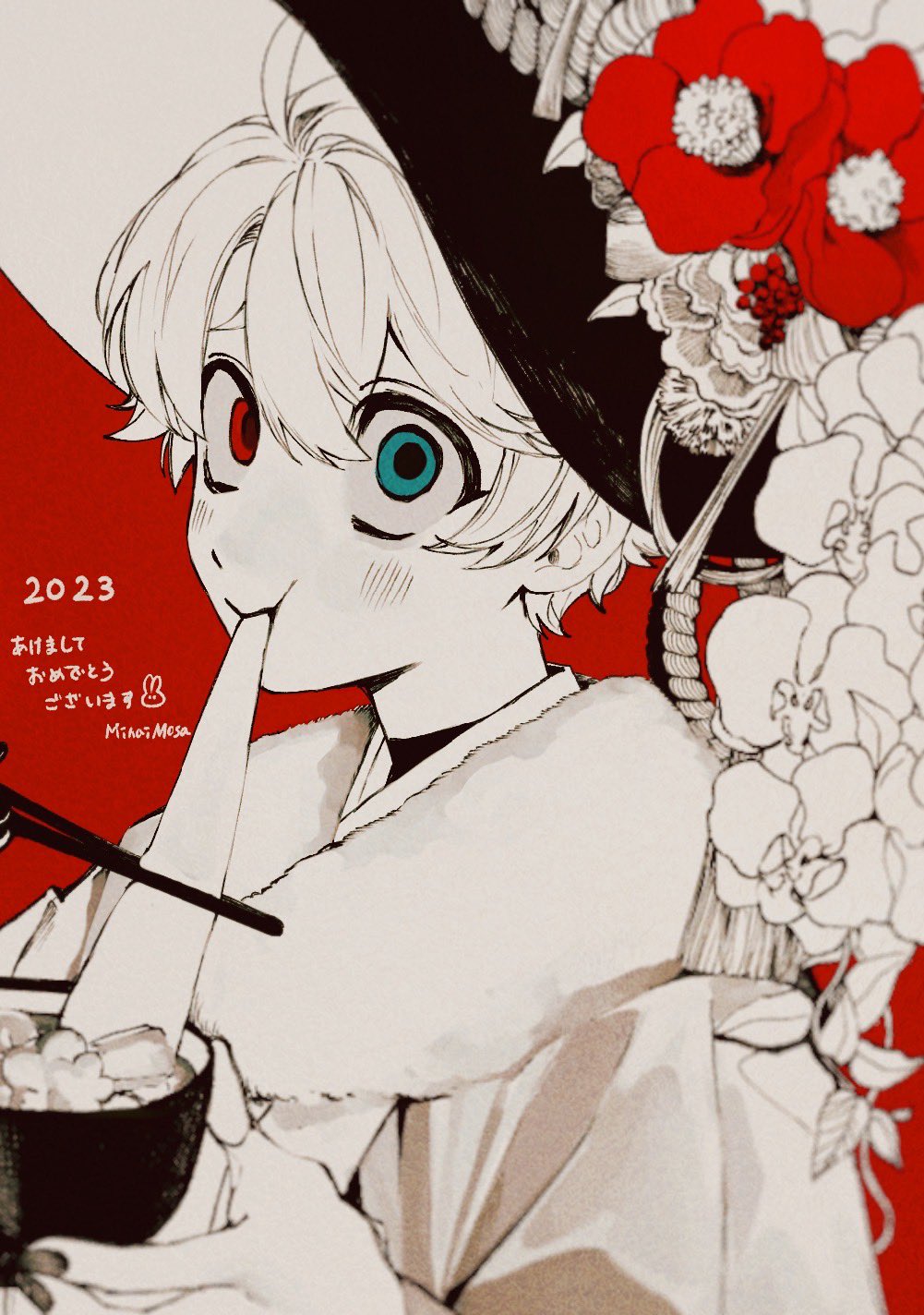 1boy 2023 :t blue_eyes bowl chopsticks dated eating flower food fur_collar hair_between_eyes hands_up hat hat_flower heterochromia highres holding holding_bowl holding_chopsticks japanese_clothes kimono limited_palette long_sleeves looking_at_viewer maddy_(minai_mosa) male_focus minai_mosa mochi new_year original red_background red_eyes red_flower short_hair simple_background solo sun_hat translation_request upper_body