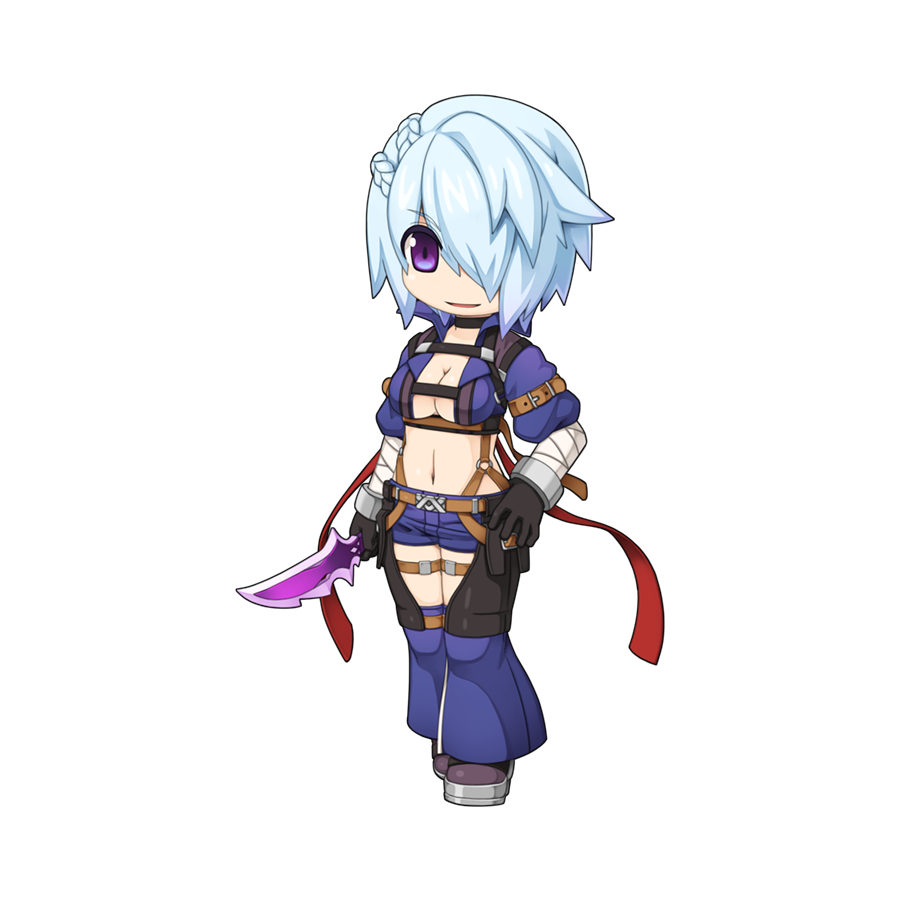 1girl abyss_chaser_(ragnarok_online) arm_wrap belt black_footwear black_gloves blue_hair blue_shirt blue_shorts boots braid breasts brown_belt chest_harness chibi cleavage crop_top dagger detached_pants full_body gloves hair_between_eyes hair_over_one_eye hand_on_own_hip harness holding holding_dagger holding_knife holding_weapon knife large_breasts long_bangs looking_at_viewer midriff navel official_art open_clothes open_mouth open_shirt puffy_short_sleeves puffy_sleeves purple_eyes ragnarok_online reverse_grip shirt short_hair short_shorts short_sleeves shorts simple_background smile solo standing steel-toe_boots tachi-e thigh_strap transparent_background weapon yuichirou