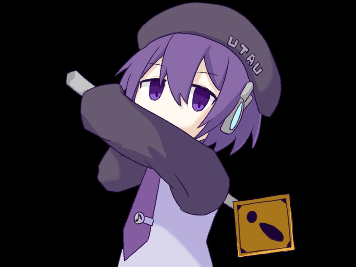 ! 1girl arms_up beret black_background black_beret black_hat black_sleeves commentary_request copyright_name covered_mouth eighth_note grey_shirt hair_between_eyes hat hngakimaranai holding long_sleeves looking_at_viewer musical_note necktie no_nose purple_eyes purple_hair purple_necktie road_sign shirt short_hair sign simple_background solo tie_clip upper_body utane_uta utau warning_sign
