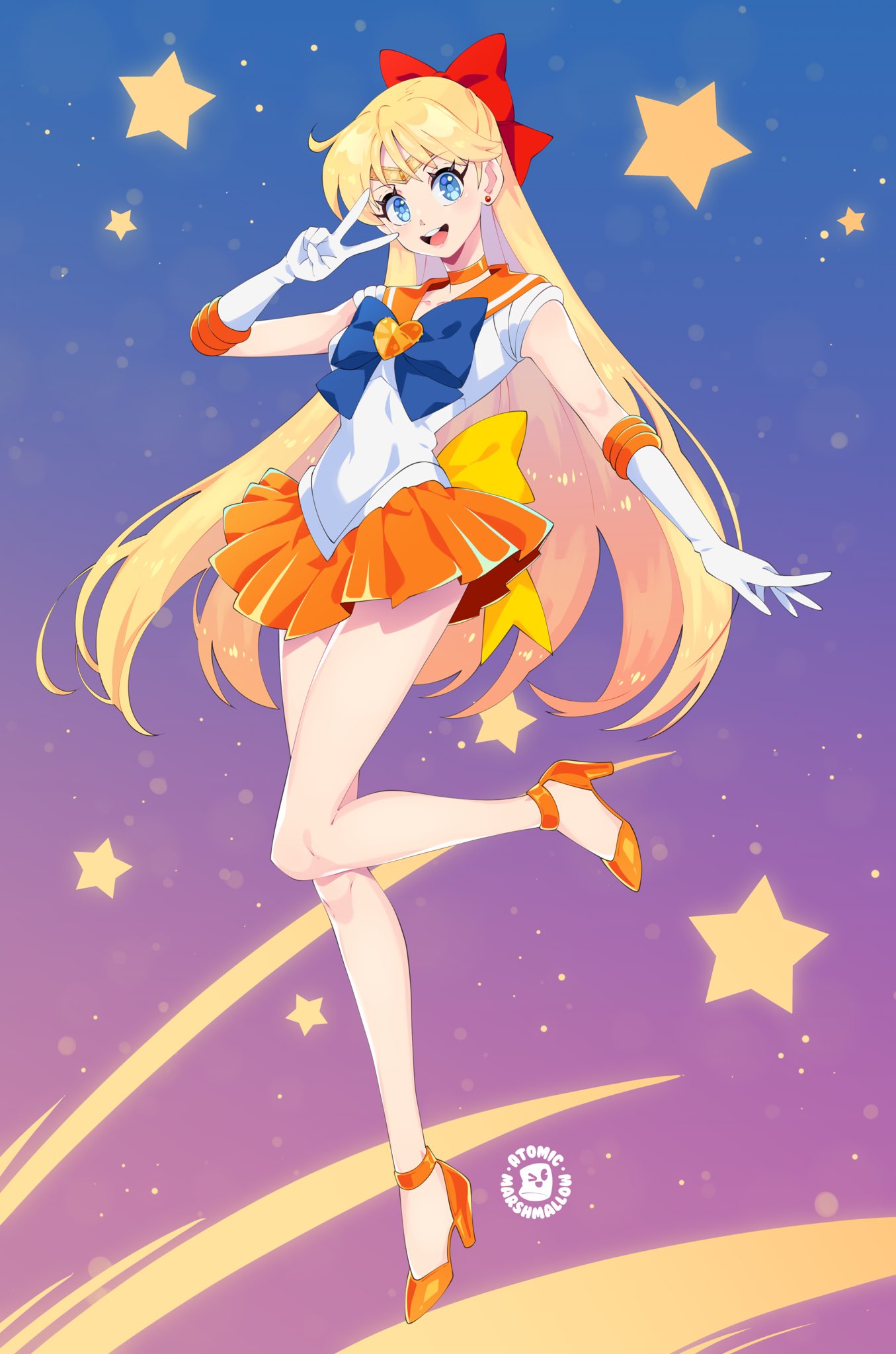 1girl aino_minako atomicmrshmallw back_bow bishoujo_senshi_sailor_moon blonde_hair blue_bow blue_bowtie blue_eyes bow bowtie choker circlet earrings elbow_gloves full_body gloves hair_bow high_heels highres jewelry long_hair magical_girl miniskirt open_mouth orange_choker orange_footwear orange_sailor_collar orange_skirt red_bow sailor_collar sailor_senshi_uniform sailor_venus skirt smile solo stud_earrings white_gloves