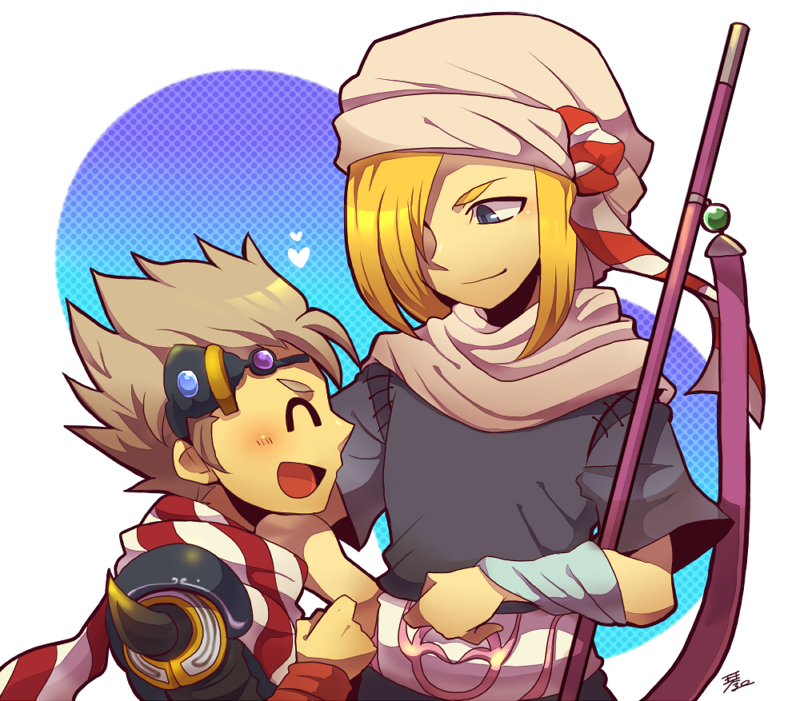2boys ^_^ blonde_hair blue_eyes blue_wristband blush ceodore_harvey closed_eyes closed_mouth final_fantasy final_fantasy_iv final_fantasy_iv:_the_after_years grey_hair heart kain_highwind kotorai male_focus multiple_boys open_mouth scarf short_hair signature staff striped_clothes striped_scarf white_headdress