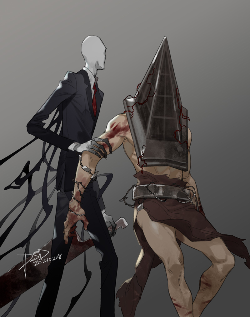 2boys artist_name black_jacket black_pants black_suit blood blood_on_arm blood_on_hands blood_on_leg collared_shirt covered_face creepypasta dated dress_pants faceless faceless_male feet_out_of_frame grey_background hand_on_another's_arm horror_(theme) jacket male_focus mask monster multiple_boys pants psd_(psdgai) pyramid_head red_eyes shirt silent_hill_(series) simple_background skinny slender_man standing suit suit_jacket white_shirt