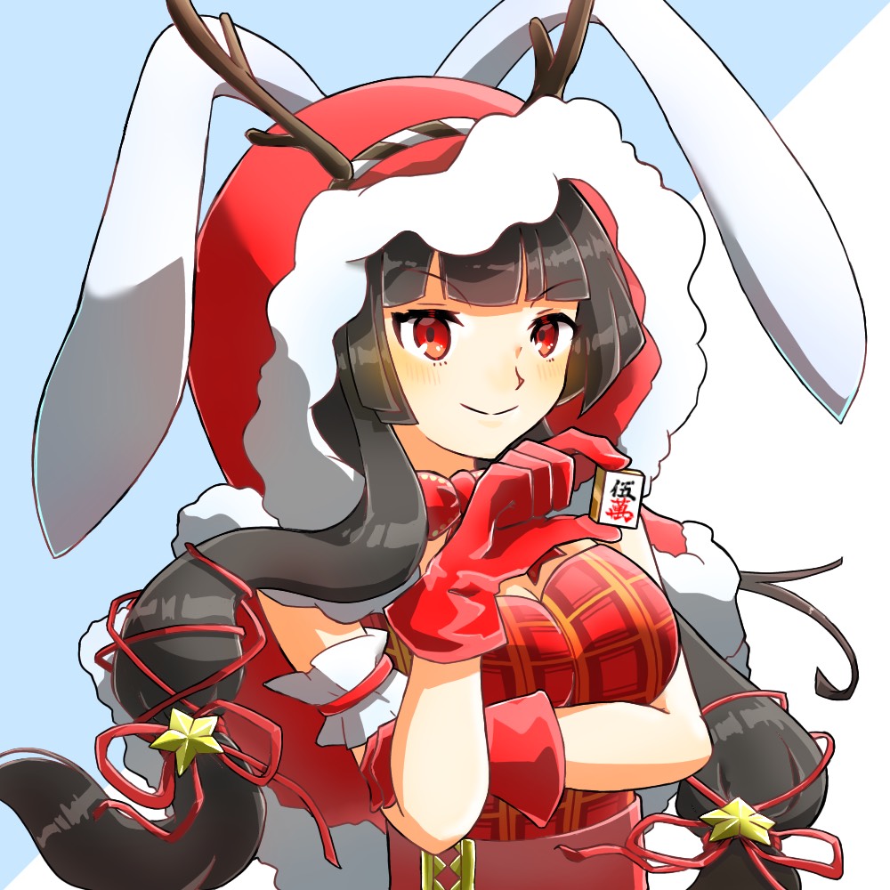 1girl animal_ears arm_up black_hair blue_background blunt_bangs blush bow bowtie breasts cleavage closed_mouth commentary_request fur-trimmed_hood fur_trim gloves holding holding_mahjong_tile hood ibispaint_(medium) jimuin_ao kaguyahime_(mahjong_soul) long_hair looking_at_viewer mahjong_soul mahjong_tile medium_bangs medium_breasts plaid plaid_shirt rabbit_ears rabbit_girl red_bow red_bowtie red_eyes red_gloves red_hood red_shirt shirt sidelocks sleeveless sleeveless_shirt smile solo two-tone_background upper_body v-shaped_eyebrows white_background