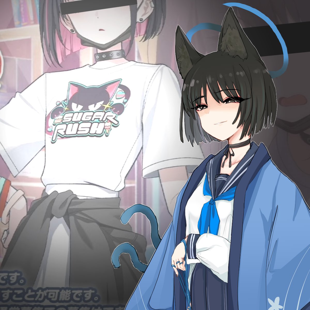 2girls animal_ears bakeneko bar_censor black_choker black_eyes black_hair black_mask black_nails blue_archive blue_halo blue_neckerchief cat's_cradle cat_ears cat_tail censored choker clothes_around_waist colored_inner_hair earrings halo hand_on_own_hip haori highres identity_censor japanese_clothes jewelry kazusa_(band)_(blue_archive) kazusa_(blue_archive) kikyou_(blue_archive) long_sleeves mask mask_pull mouth_mask multicolored_hair multiple_girls multiple_tails neckerchief parted_lips print_shirt ribbon_choker sailor_collar shiming_liangjing shirt short_hair short_sleeves smirk smug tail two_tails wristband