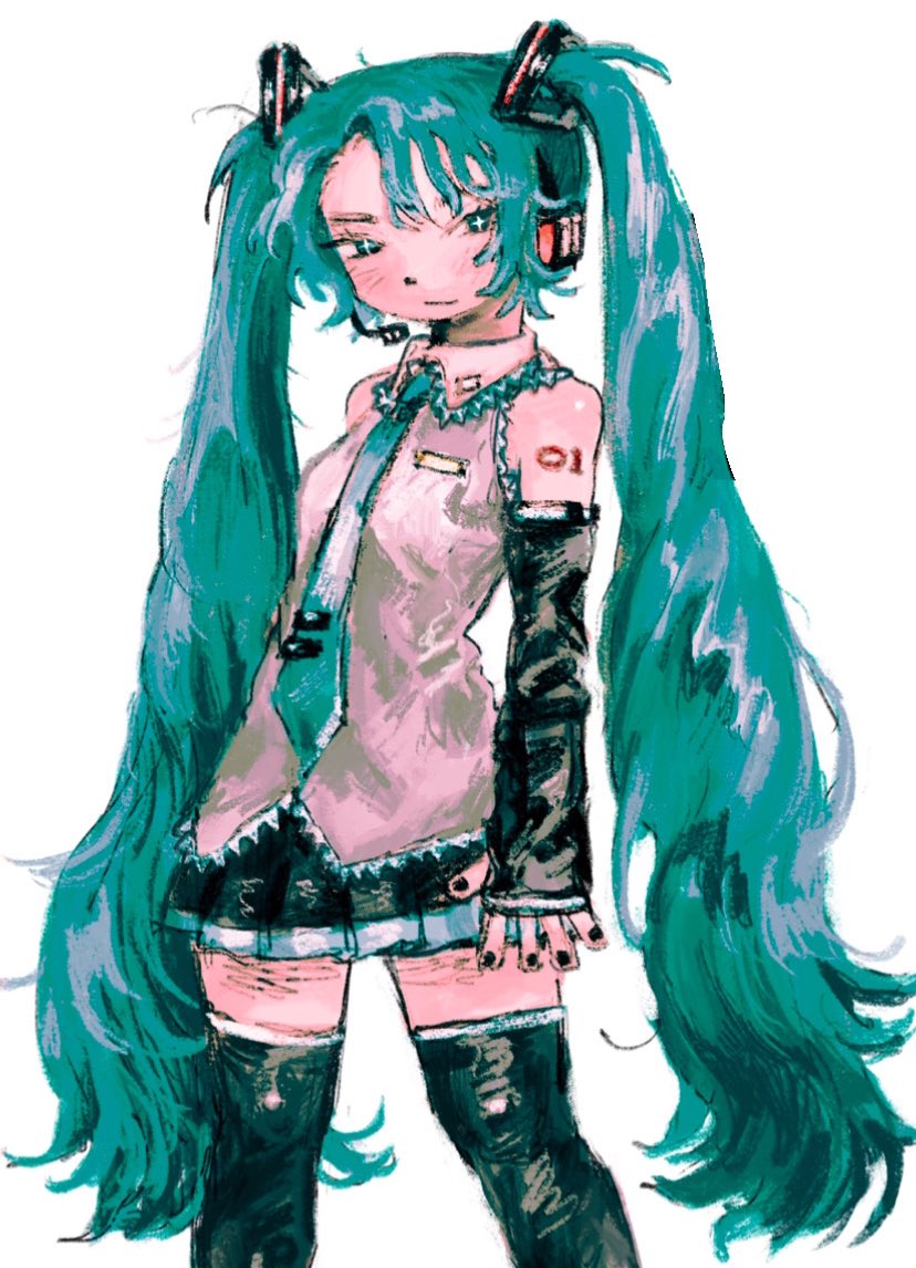 aqua_eyes aqua_hair aqua_necktie black_sleeves black_thighhighs colored_skin cowboy_shot detached_sleeves hatsune_miku light_smile long_hair mettaflix necktie pink_skin skirt smile solo thighhighs very_long_hair vocaloid white_background