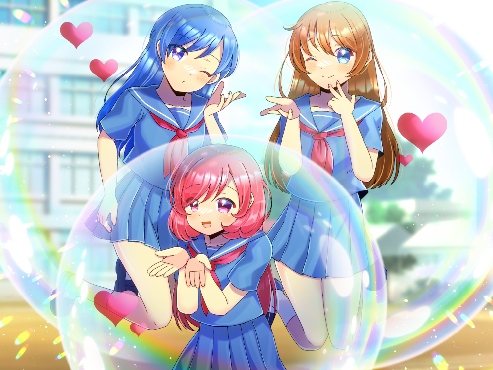 3girls :d ;) black_footwear blowing_kiss blue_eyes blue_hair blue_sailor_collar blue_serafuku blue_shirt blue_skirt blue_sky blurry blurry_background blush brown_hair bubble building character_request closed_mouth cloud collarbone commentary_request commission day depth_of_field hands_up kirameki_high_school_uniform kou_hiyoyo lens_flare loafers long_hair multiple_girls neckerchief one_eye_closed outdoors parodius pleated_skirt purple_eyes red_eyes red_neckerchief sailor_collar school_uniform serafuku shirt shoes short_sleeves skeb_commission skirt sky smile socks very_long_hair white_socks window
