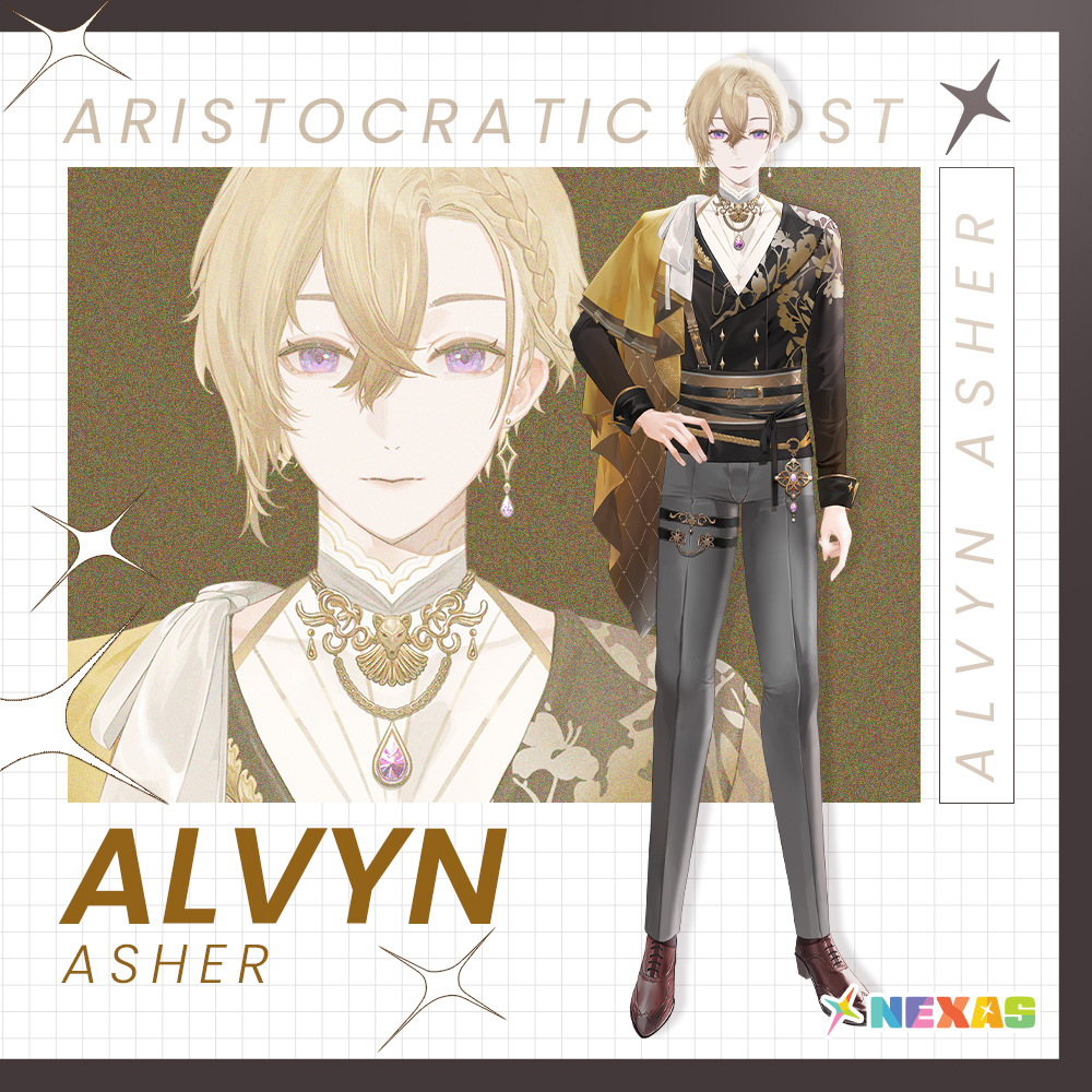 1boy alvyn_asher belt black_belt black_shirt blonde_hair braid brown_footwear character_name closed_mouth commentary earrings english_commentary english_text full_body grey_pants grid hair_between_eyes hand_on_own_hip jewelry logo looking_at_viewer multiple_belts necklace nexas_(vtuber_agency) official_art pants purple_eyes shei99 shirt single_earring solo standing virtual_youtuber