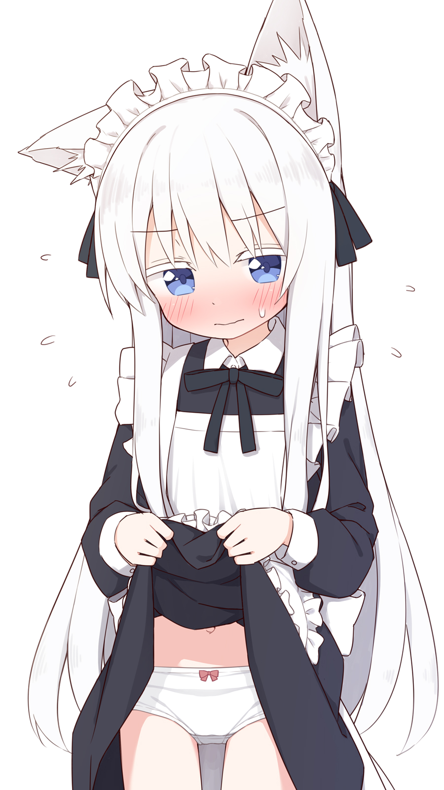 1girl animal_ear_fluff animal_ears apron ayanepuna black_bow black_dress blue_eyes bow bow_panties clothes_lift collared_dress colored_eyelashes commentary_request dress dress_lift flying_sweatdrops frilled_apron frills hair_between_eyes highres lifted_by_self long_hair long_sleeves maid maid_apron maid_headdress navel original panties puffy_long_sleeves puffy_sleeves simple_background solo underwear very_long_hair white_apron white_background white_hair white_panties