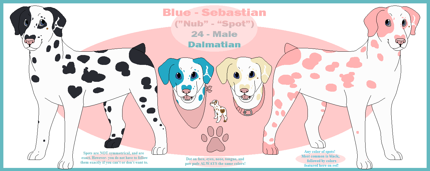 2016 aliasing ambiguous_gender black_body black_fur blue_body blue_border blue_eyes blue_fur blue_text border canid canine canis character_name collar dalmatian digital_drawing_(artwork) digital_media_(artwork) digitigrade domestic_dog english_text feral flat_colors floppy_ears fur gradient_text grey_sclera heart_(marking) kerchief mammal markings model_sheet neckerchief open_mouth paws pink_body pink_collar pink_fur pink_kerchief pink_neckerchief pink_nose pink_text pink_tongue sebdoggo short_tail simple_background snout solo standing stated_adult stated_age tail teeth text tongue white_body white_fur yellow_body yellow_fur