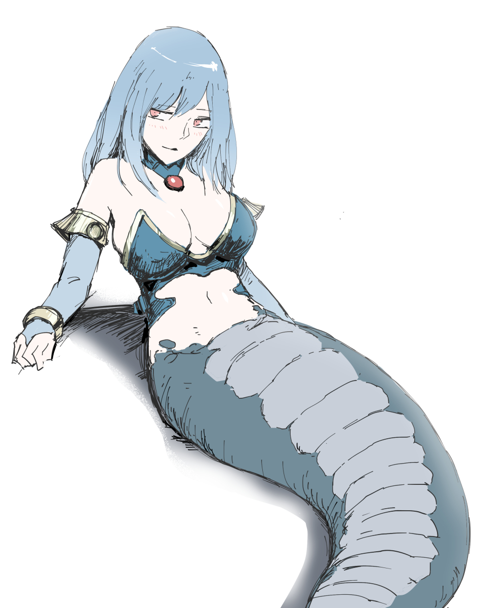 1girl blue_hair breasts highres lamia light_blue_hair monster_girl navel orange_eyes original shadow simple_background solo white_background yumeaso