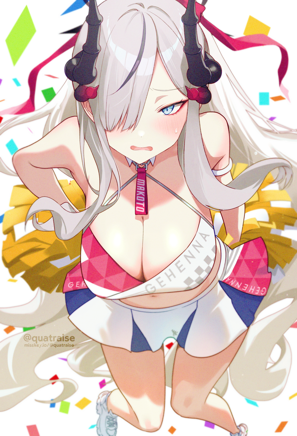 1girl alternate_costume asymmetrical_bangs bare_legs bare_shoulders blue_archive blush breasts cleavage confetti demon_horns grey_hair hair_over_one_eye highres holding holding_pom_poms horns large_breasts long_hair looking_at_viewer makoto_(blue_archive) midriff millennium_cheerleader_outfit_(blue_archive) miniskirt misskey.io_username navel one_eye_covered pom_pom_(cheerleading) quatraise shoes sidelocks skirt sneakers solo sweatdrop twitter_username very_long_hair