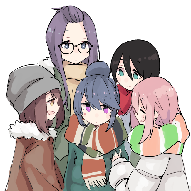 5girls beanie black_hair blue_eyes blue_hair brown_hair closed_eyes girl_sandwich glasses hair_bun hat kagamihara_nadeshiko kagamihara_sakura long_hair multiple_girls pink_hair purple_eyes purple_hair saitou_ena sandwiched scarf shima_rin shiroshi_(denpa_eshidan) short_hair siblings simple_background sisters smile toki_ayano white_background winter_clothes yellow_eyes yuri yurucamp