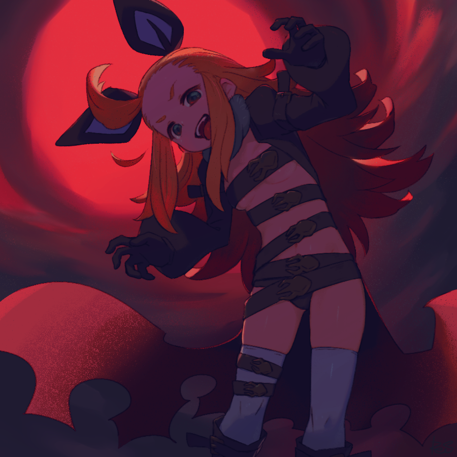 1girl ahoge backlighting belt belt_bra black_gloves black_panties blonde_hair bravely_default:_flying_fairy bravely_default_(series) breasts claw_pose coat dark edea_lee feet_out_of_frame full_moon gloves leaning_to_the_side long_hair moon night open_clothes open_coat outdoors panties red_eyes red_moon reiesu_(reis) sidelocks small_breasts solo tailcoat teeth thighhighs tongue tongue_out underwear white_thighhighs