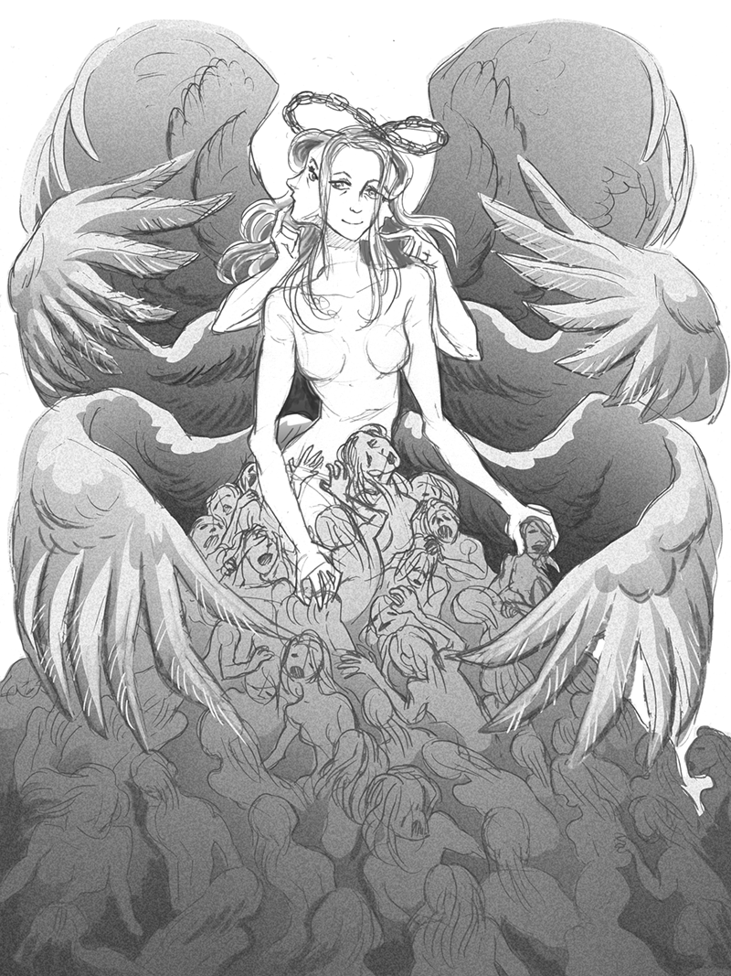 abby_howard breasts concept_art extra_arms extra_faces feathered_wings long_hair monochrome multiple_heads official_art slay_the_princess smile the_shifting_mound_(slay_the_princess) white_background wings