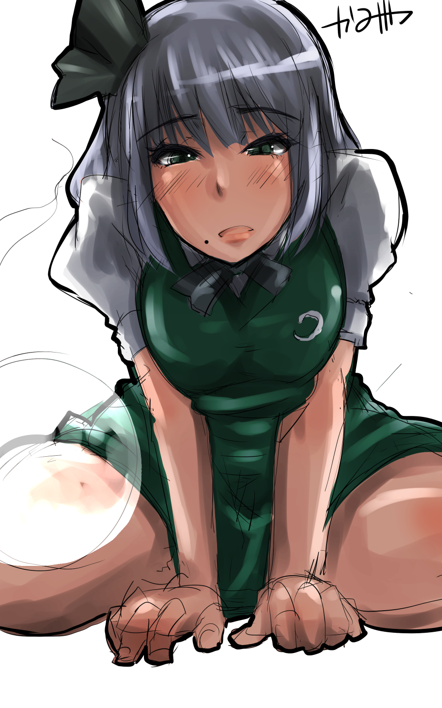 :o arm_support bangs blouse blunt_bangs blush bow bowtie breast_squeeze breasts green_eyes green_skirt grey_hair hair_bow highres kamiya_(amamiko) konpaku_youmu konpaku_youmu_(ghost) large_breasts leaning_forward looking_at_viewer mole mole_under_mouth puffy_short_sleeves puffy_sleeves shirt short_sleeves simple_background sitting sketch skirt skirt_set solo touhou v_arms vest wariza white_background white_shirt