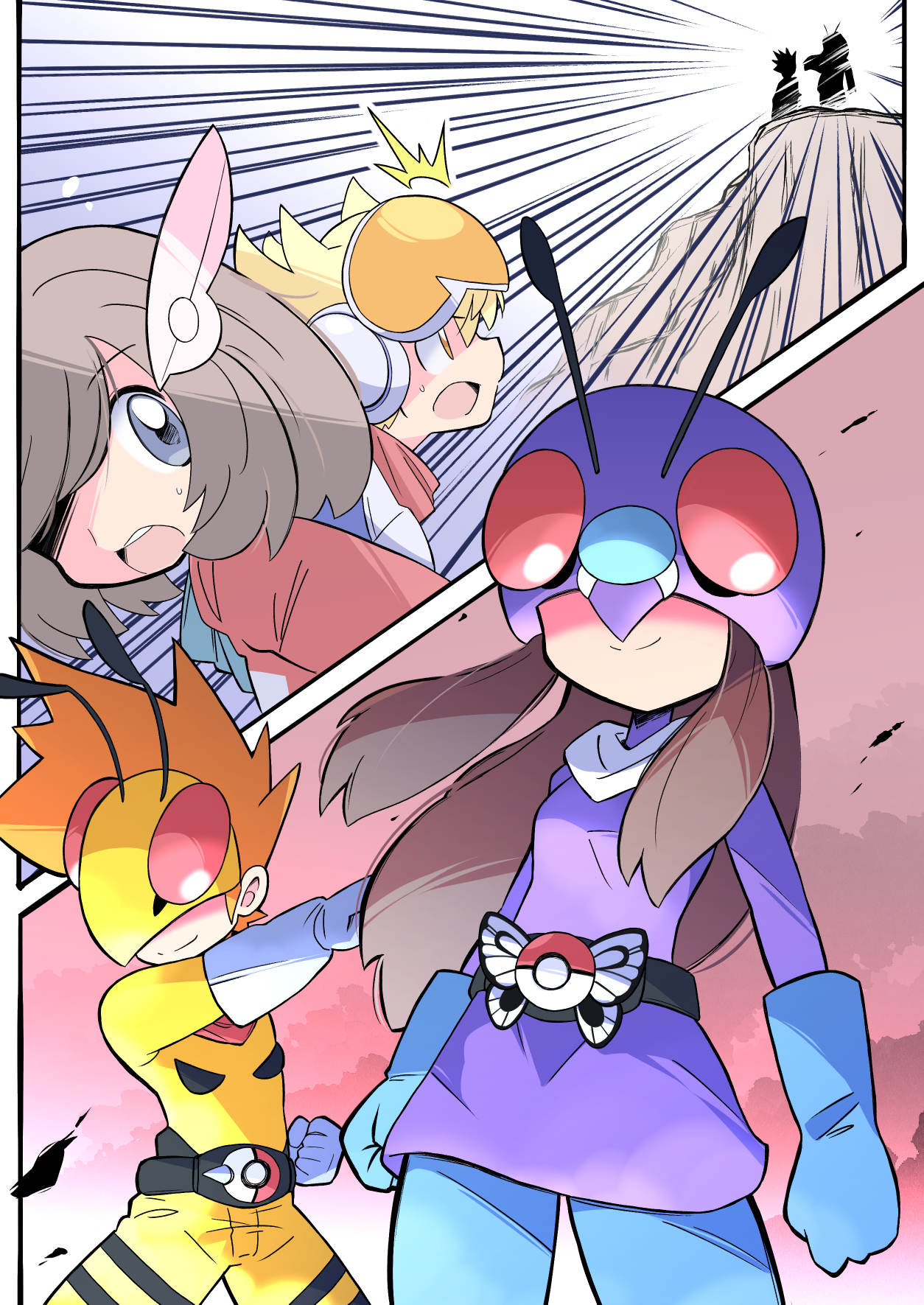 2boys 2girls barry_(pokemon) barry_(special_costume)_(pokemon) black_eyes black_hair blonde_hair blue_bodysuit blue_gloves blue_oak bodysuit brown_hair compound_eyes dress gloves hair_ornament henshin_pose highres kamen_rider leaf_(pokemon) long_hair multiple_boys multiple_girls official_alternate_costume open_mouth orange_scarf parody pokemon pokemon_masters_ex purple_dress rascal_(feuille) red_dress rider_belt scarf selene_(pokemon) selene_(special_costume)_(pokemon) short_hair smile spiked_hair teeth two-tone_dress white_dress white_gloves