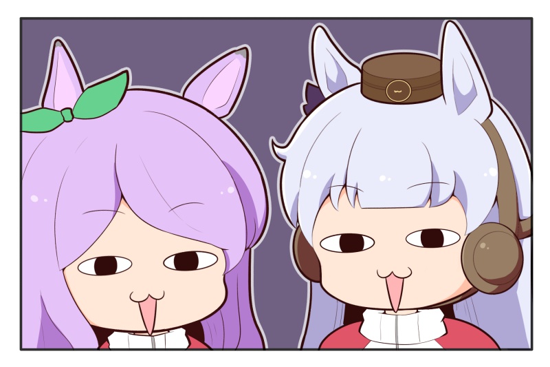 &lt;o&gt;_&lt;o&gt; 2girls :d animal_ears bow brown_hat chibi ear_bow ear_covers ear_ribbon gold_ship_(umamusume) gomashio_(goma_feet) green_ribbon grey_background grey_hair hat horse_ears jacket looking_at_viewer mejiro_mcqueen_(umamusume) mini_hat multiple_girls portrait purple_bow purple_hair red_jacket ribbon smile swept_bangs track_jacket umamusume