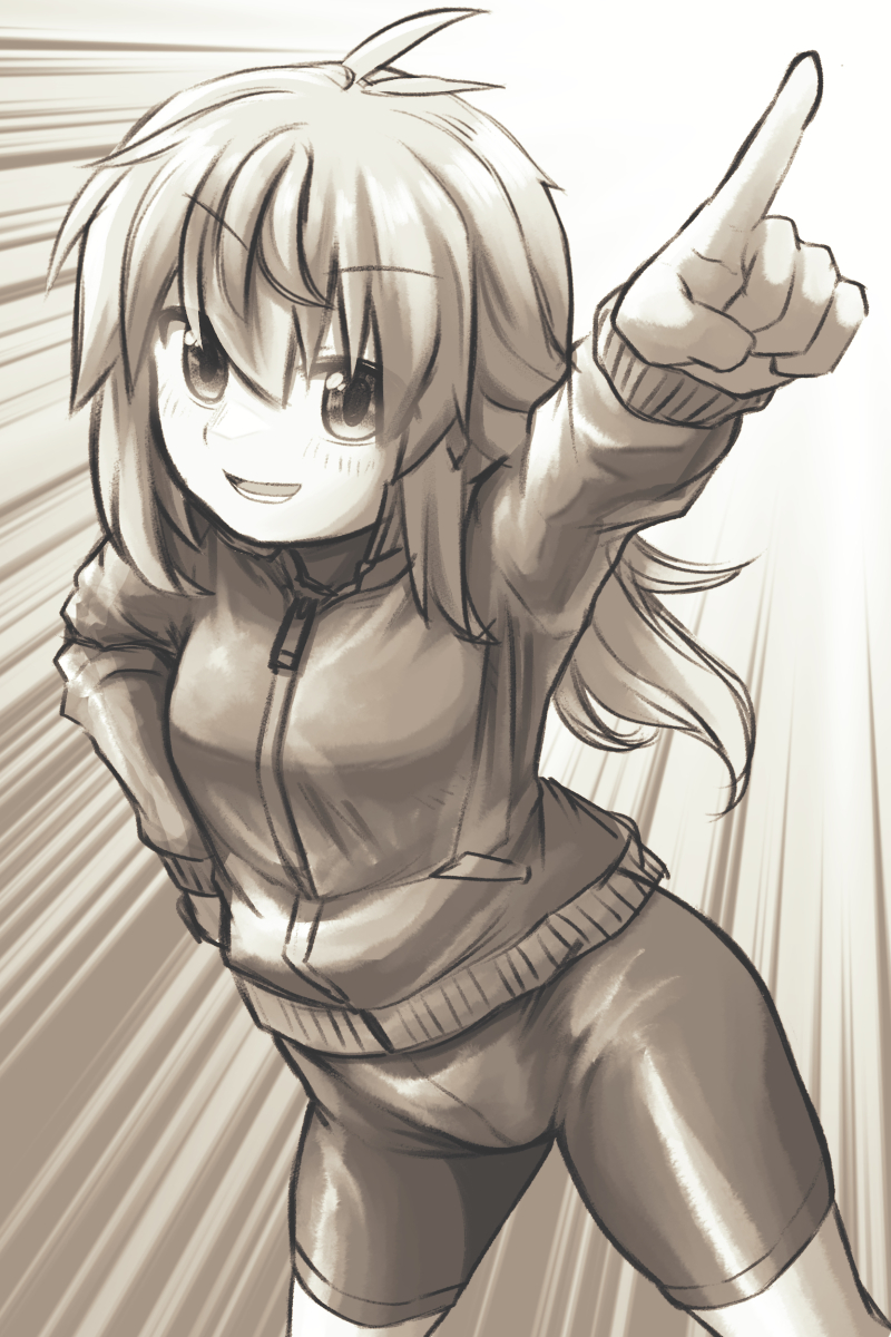 1girl :d antenna_hair arm_up bike_shorts blush breasts commentary_request gradient_background grey_background hair_between_eyes hand_on_own_hip highres jacket koshirae_tsurugi_(m.m) long_hair long_sleeves looking_at_viewer m.m monochrome original outstretched_arm pointing puffy_long_sleeves puffy_sleeves small_breasts smile solo standing track_jacket white_background