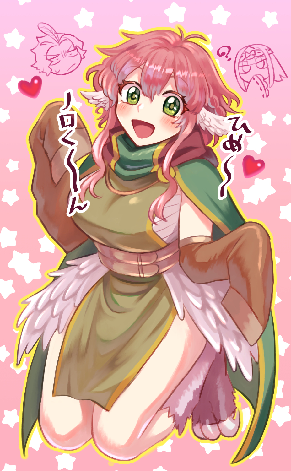 1girl ? aurora_sya_lis_kaymin bandaged_chest belt blush cape cursed_musician detached_sleeves eyelashes green_cape green_tunic harpy harpy_(maou-jou_de_oyasumi) head_wings heart highres maou-jou_de_oyasumi monster_girl multiple_belts open_mouth outline pink_background pink_hair sidelocks sleeves_past_fingers sleeves_past_wrists starry_background sumi_wo_hakuneko talons translation_request wings yellow_outline